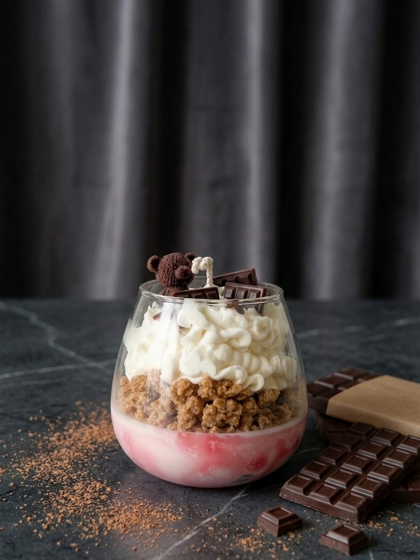 Dessert candle in a glass with layers of cream, cookies, and chocolate on a dark surface.